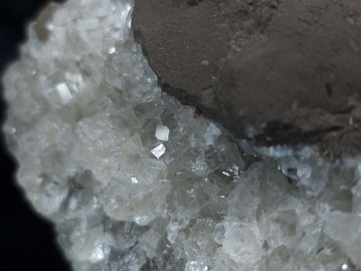 #34011 Super clear Nailhead Spar Calcite geode and Chalcopyrite ore and multiple small fossils in the matrix