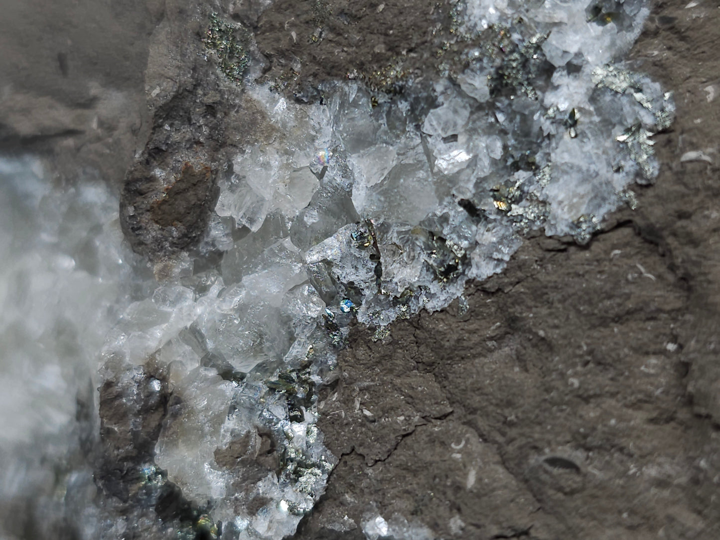 #34011 Super clear Nailhead Spar Calcite geode and Chalcopyrite ore and multiple small fossils in the matrix