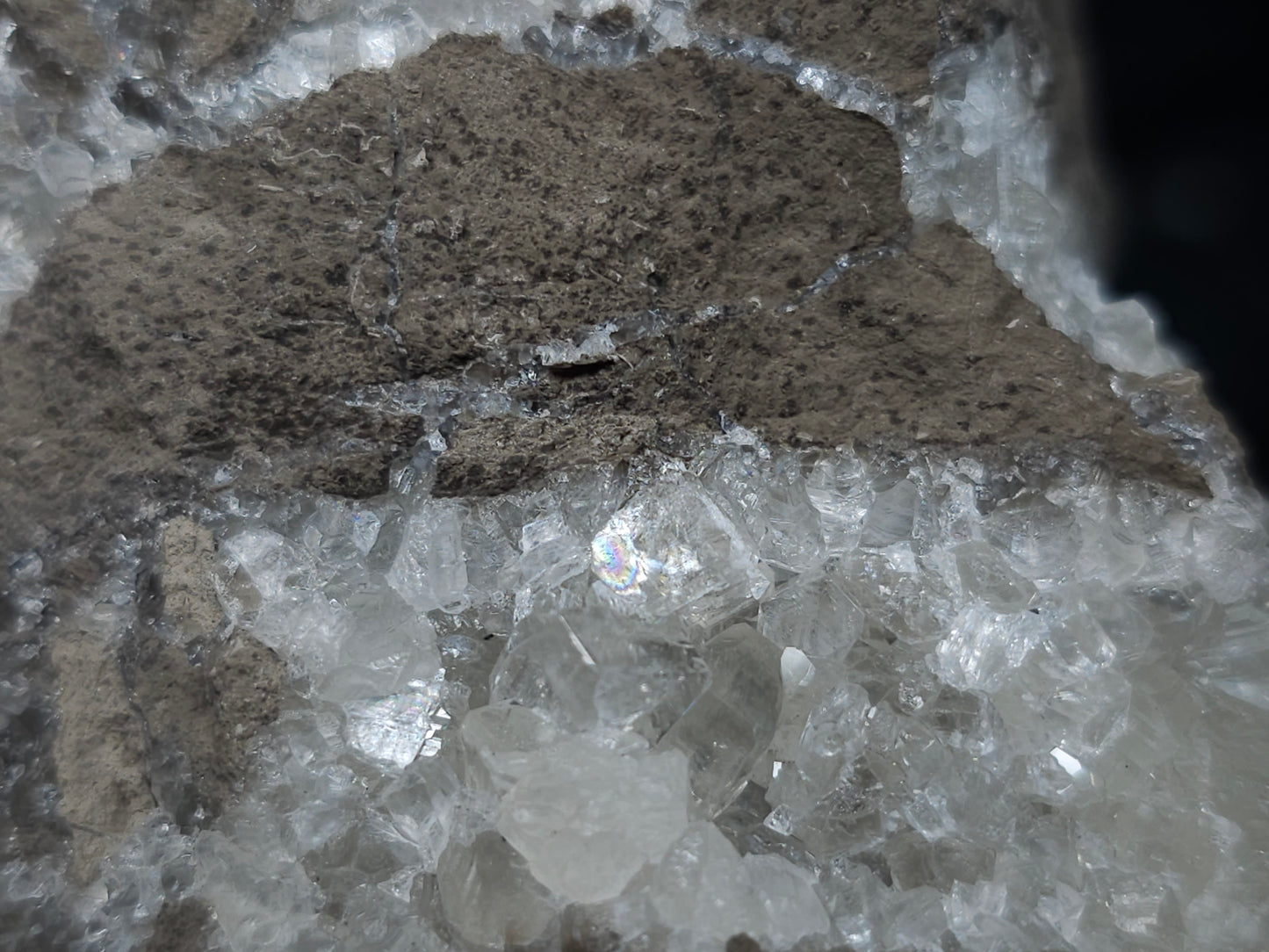 #34011 Super clear Nailhead Spar Calcite geode and Chalcopyrite ore and multiple small fossils in the matrix