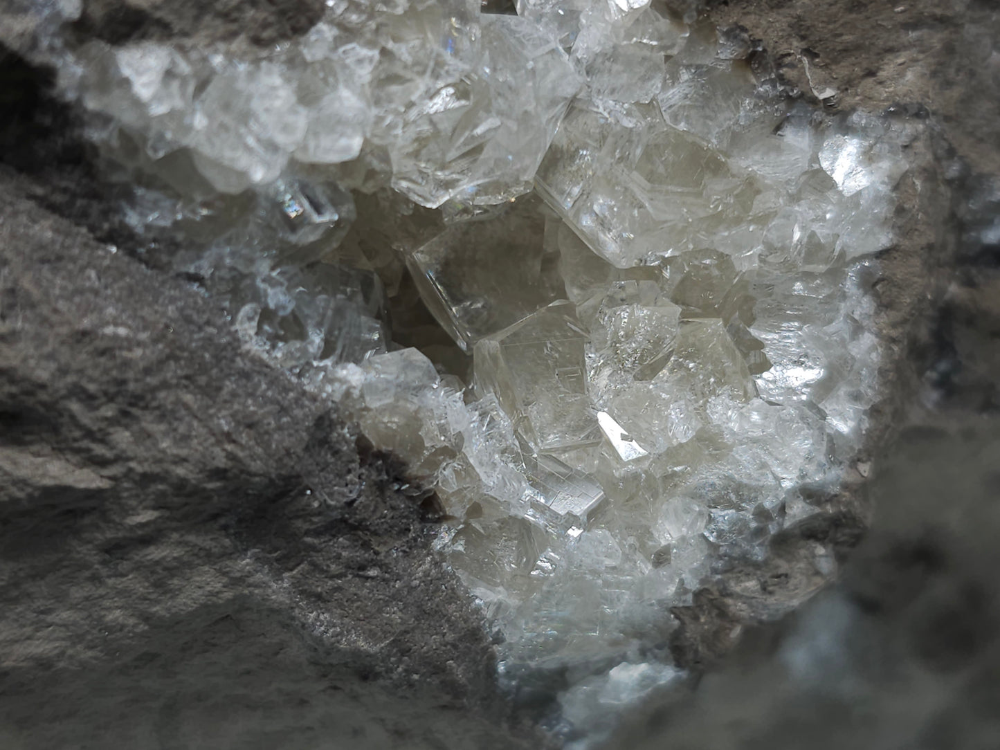 #34010 Super clear Nailhead Spar Calcite geode and Chalcopyrite ore and multiple small fossils in the matrix