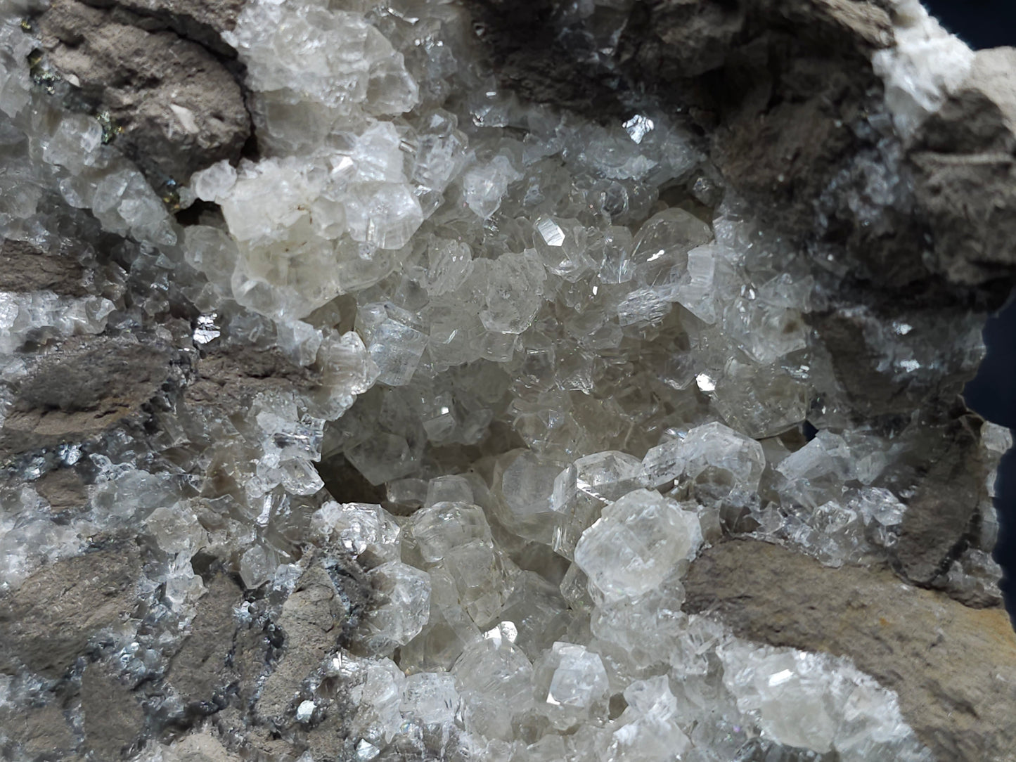 #34010 Super clear Nailhead Spar Calcite geode and Chalcopyrite ore and multiple small fossils in the matrix