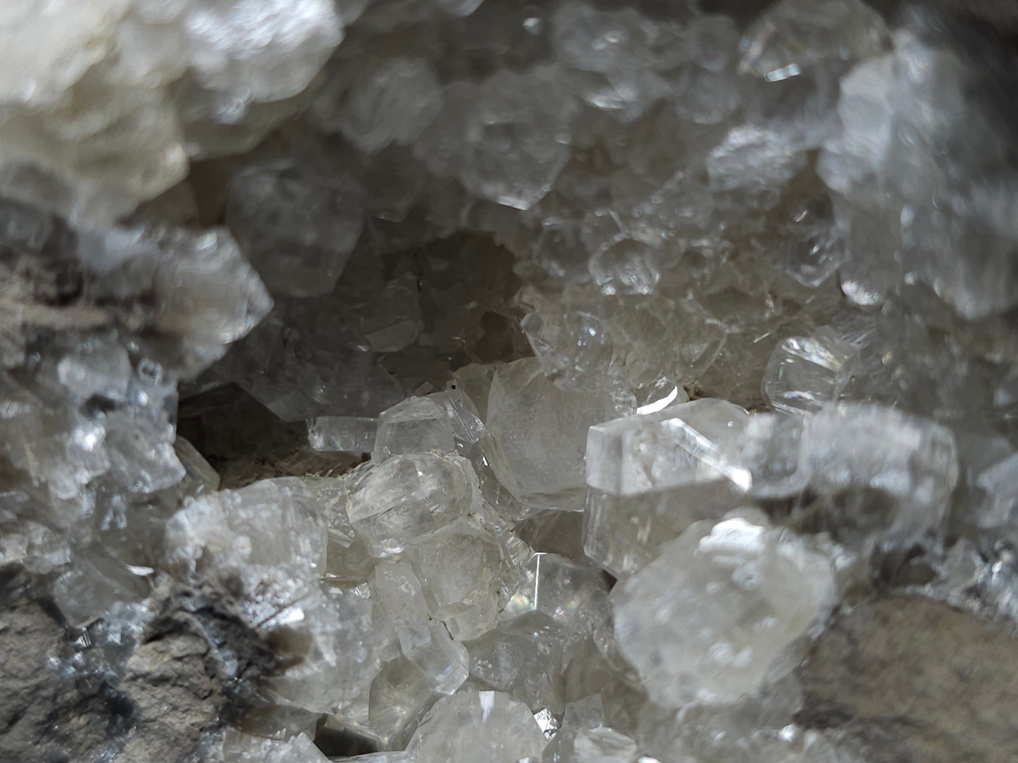 #34010 Super clear Nailhead Spar Calcite geode and Chalcopyrite ore and multiple small fossils in the matrix