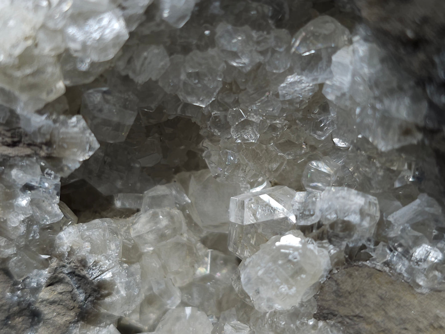 #34010 Super clear Nailhead Spar Calcite geode and Chalcopyrite ore and multiple small fossils in the matrix