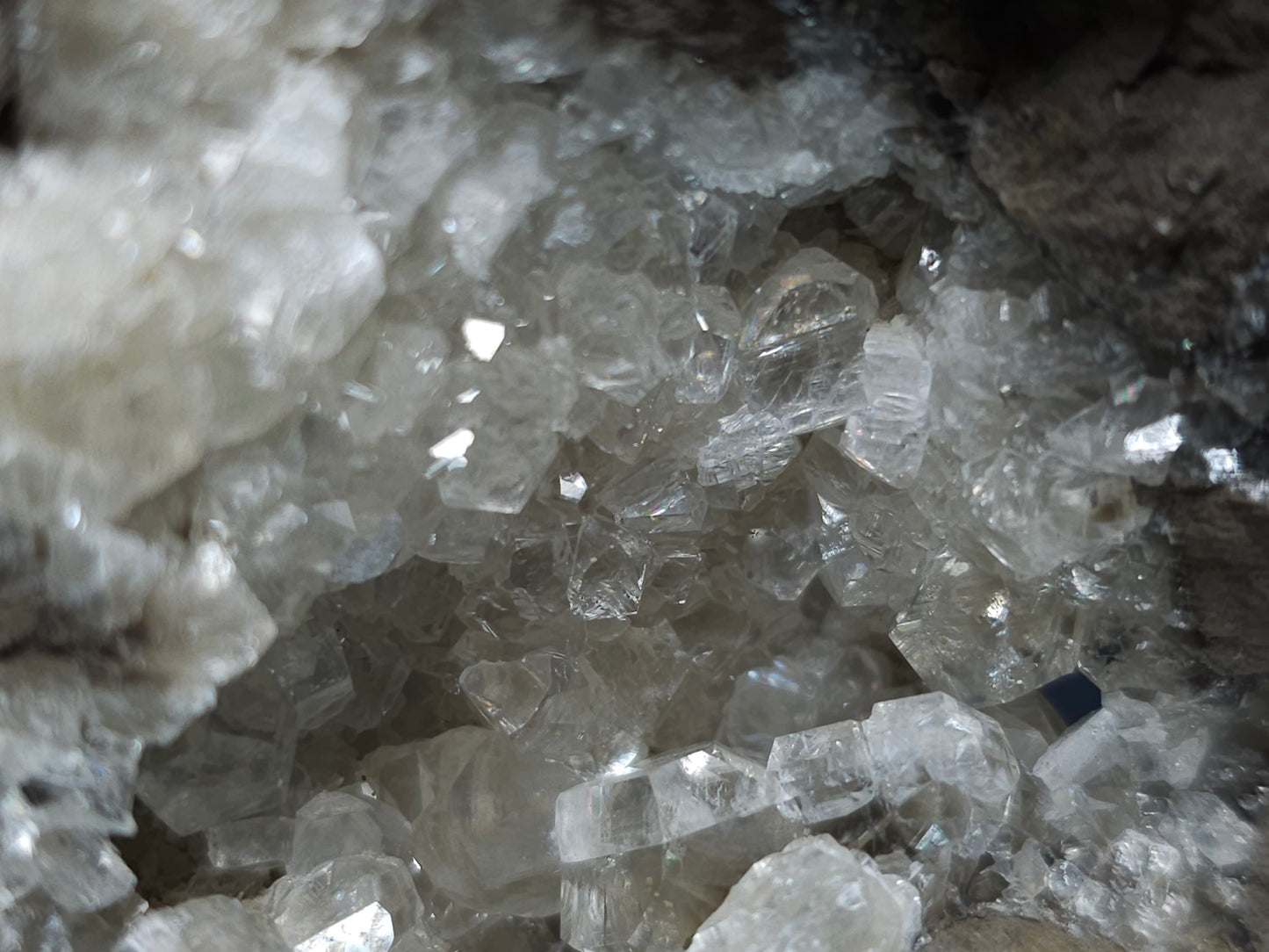 #34010 Super clear Nailhead Spar Calcite geode and Chalcopyrite ore and multiple small fossils in the matrix