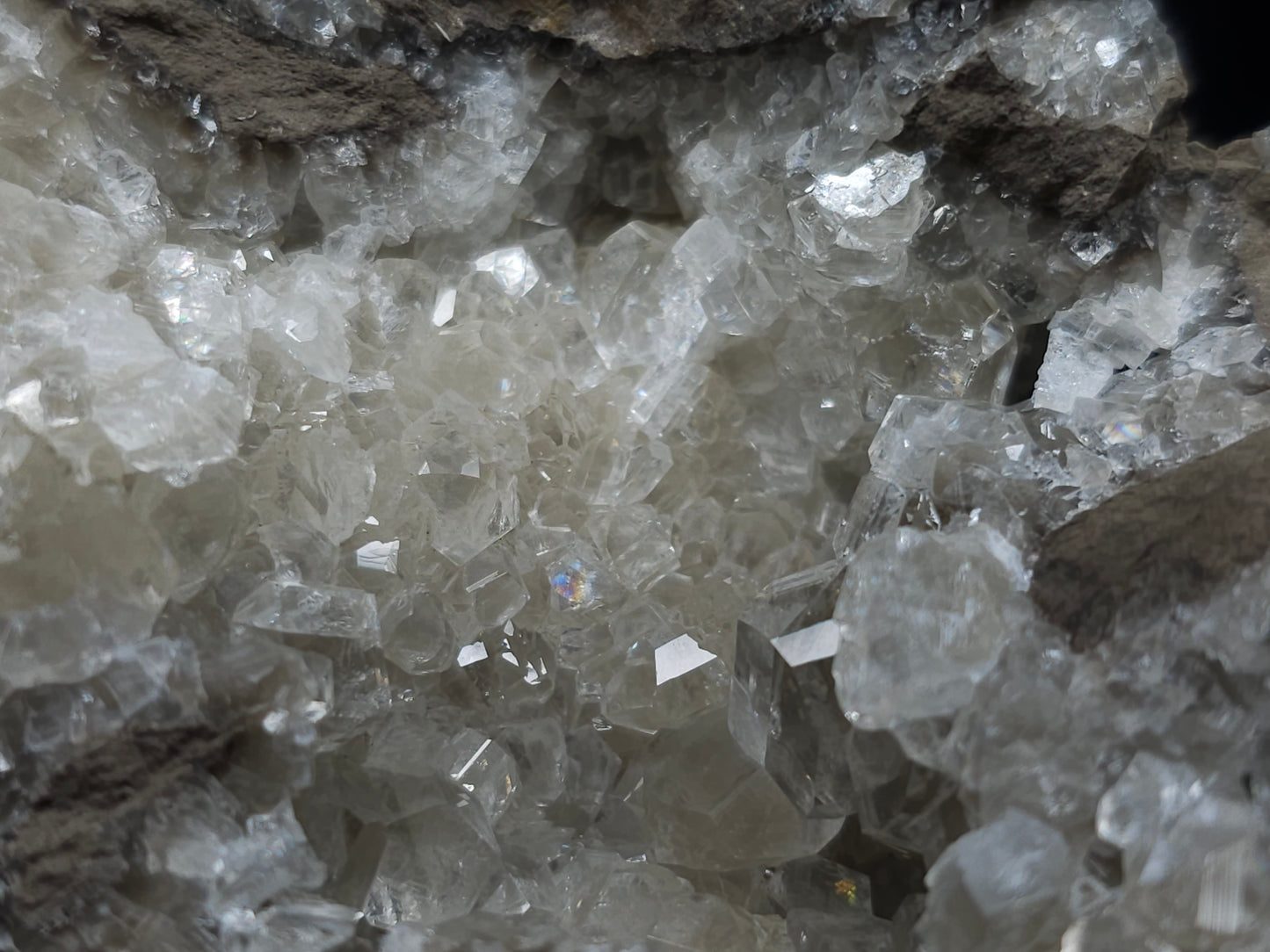 #34010 Super clear Nailhead Spar Calcite geode and Chalcopyrite ore and multiple small fossils in the matrix