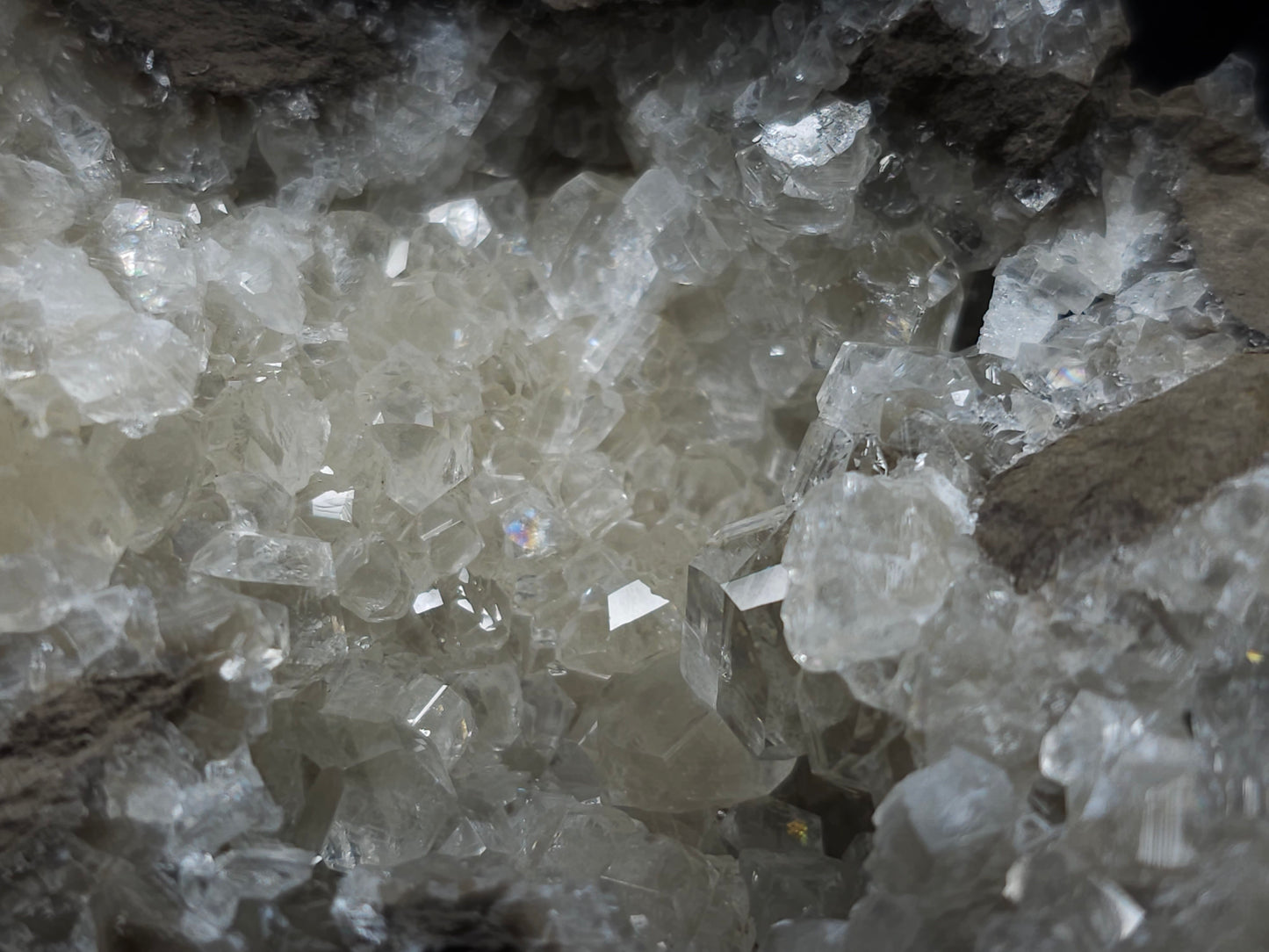 #34010 Super clear Nailhead Spar Calcite geode and Chalcopyrite ore and multiple small fossils in the matrix