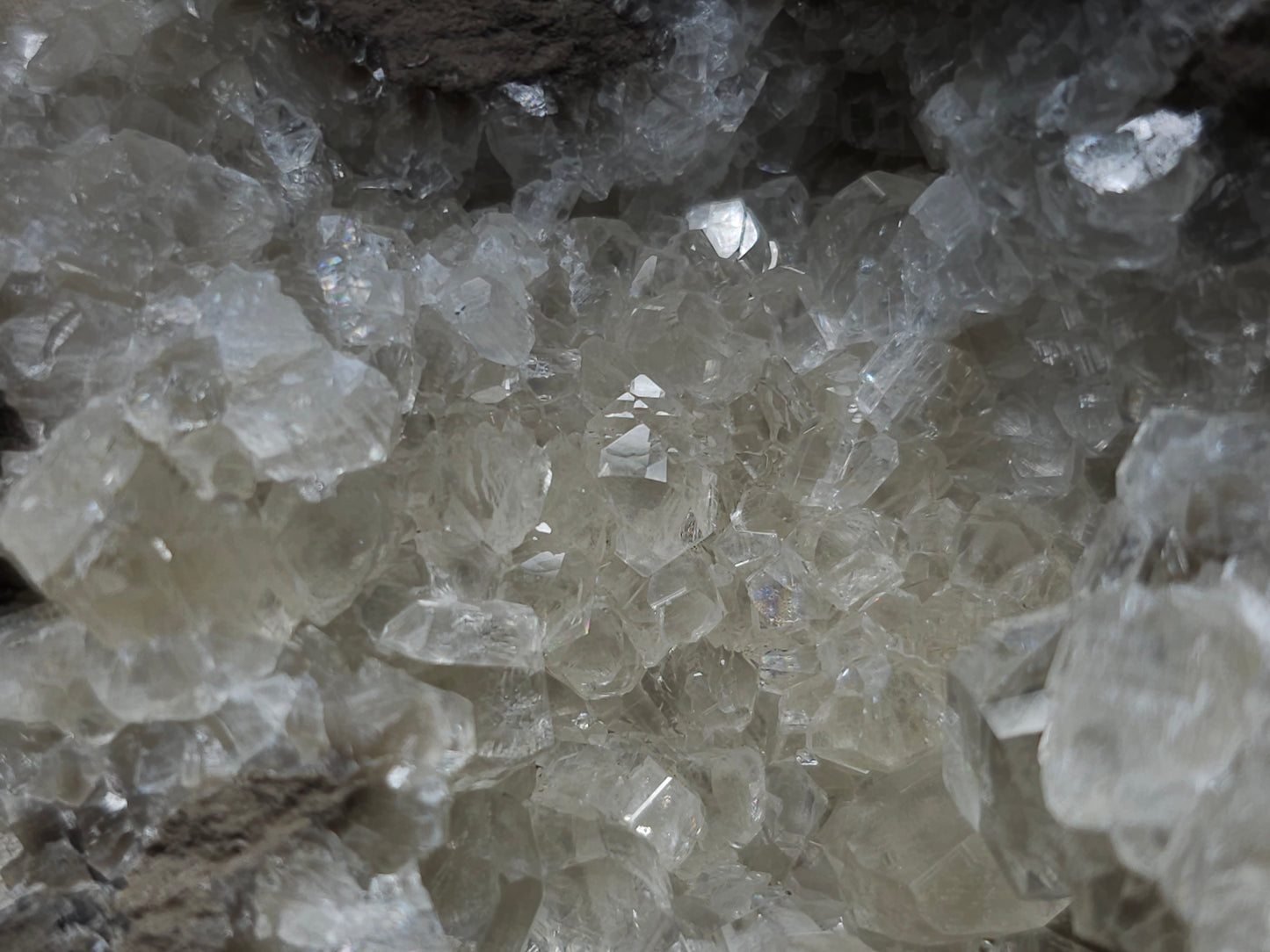 #34010 Super clear Nailhead Spar Calcite geode and Chalcopyrite ore and multiple small fossils in the matrix