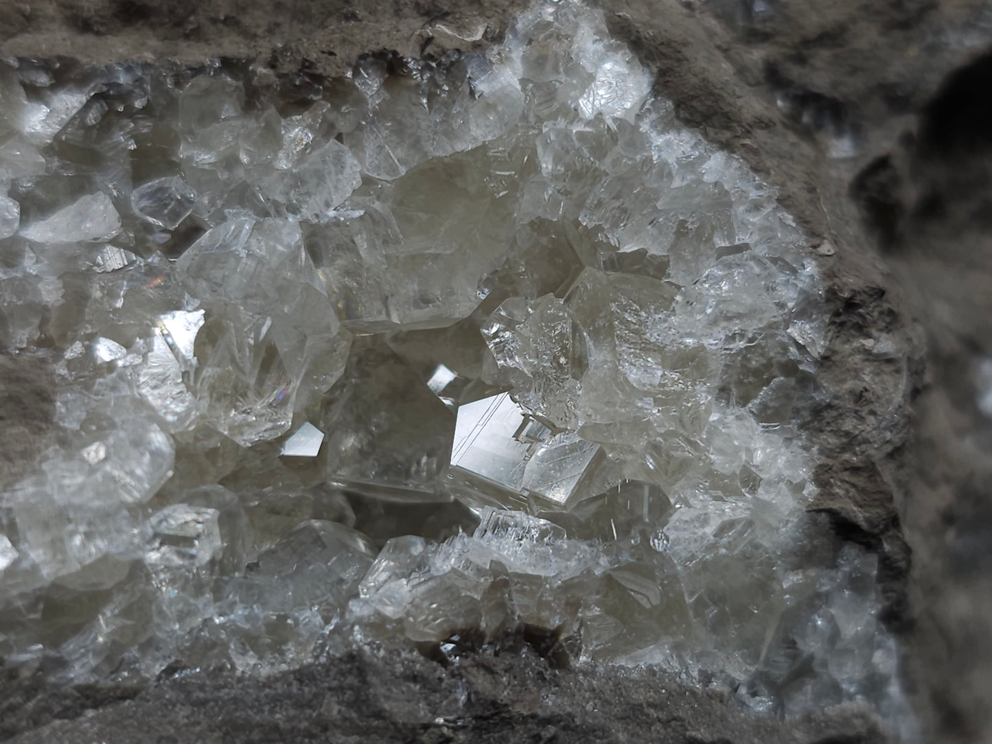 #34010 Super clear Nailhead Spar Calcite geode and Chalcopyrite ore and multiple small fossils in the matrix