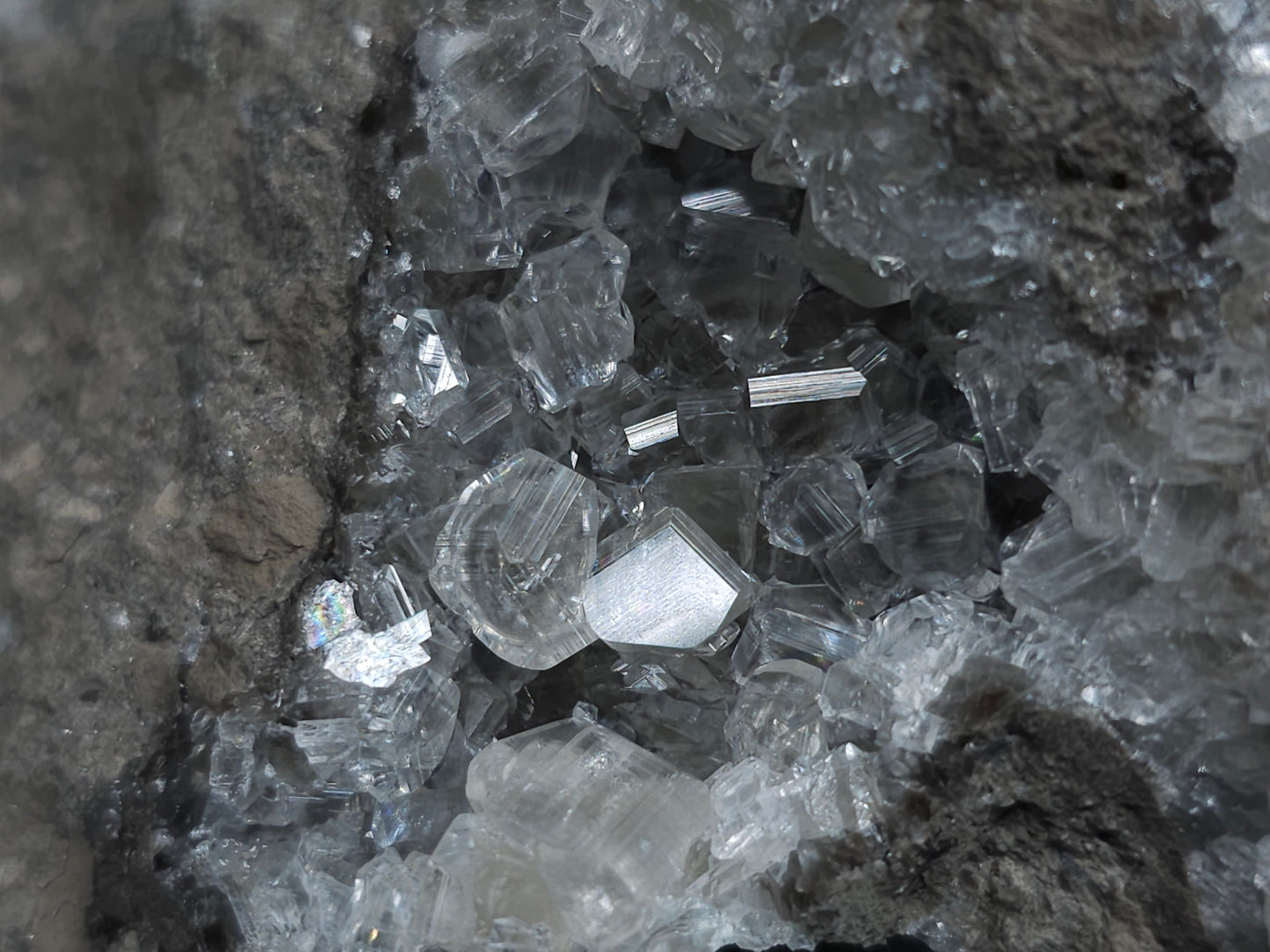 #34013 Super clear Nailhead Spar Calcite cluster and Chalcopyrite ore and multiple small fossils in the matrix