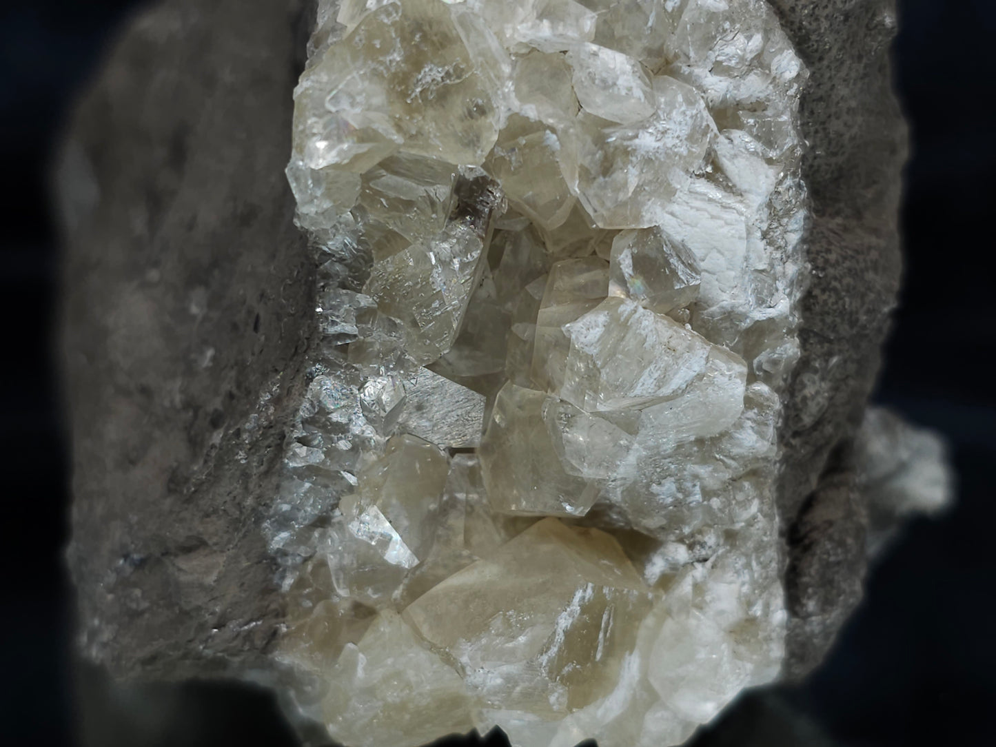 #34014 Super clear Nailhead Spar Calcite cluster and Chalcopyrite ore and multiple small fossils in the matrix