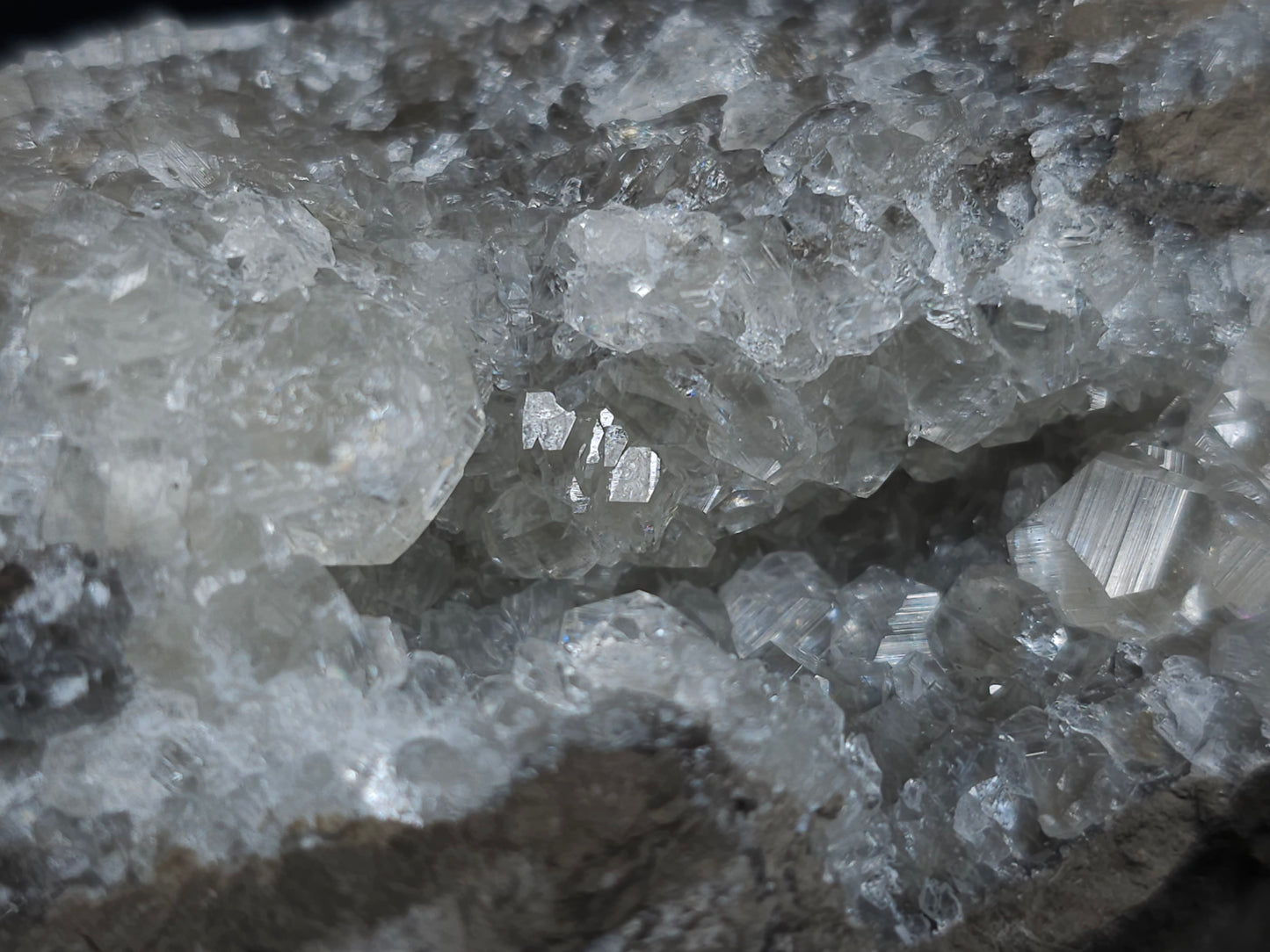 #34014 Super clear Nailhead Spar Calcite cluster and Chalcopyrite ore and multiple small fossils in the matrix