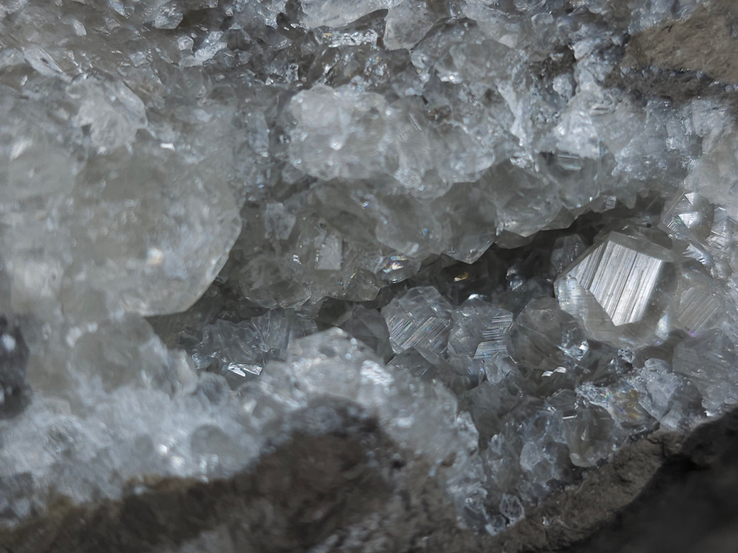 #34014 Super clear Nailhead Spar Calcite cluster and Chalcopyrite ore and multiple small fossils in the matrix