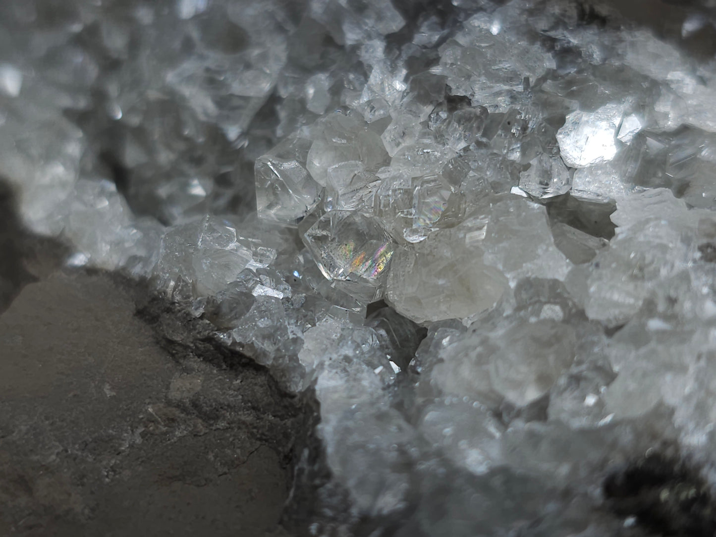 #34014 Super clear Nailhead Spar Calcite cluster and Chalcopyrite ore and multiple small fossils in the matrix