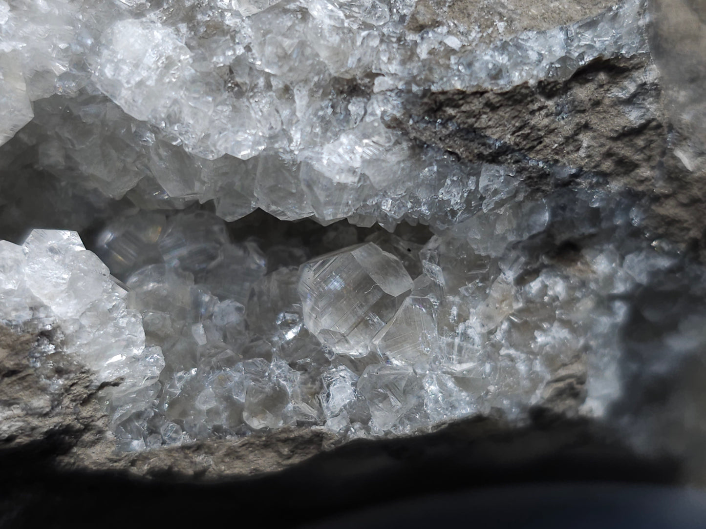 #34014 Super clear Nailhead Spar Calcite cluster and Chalcopyrite ore and multiple small fossils in the matrix