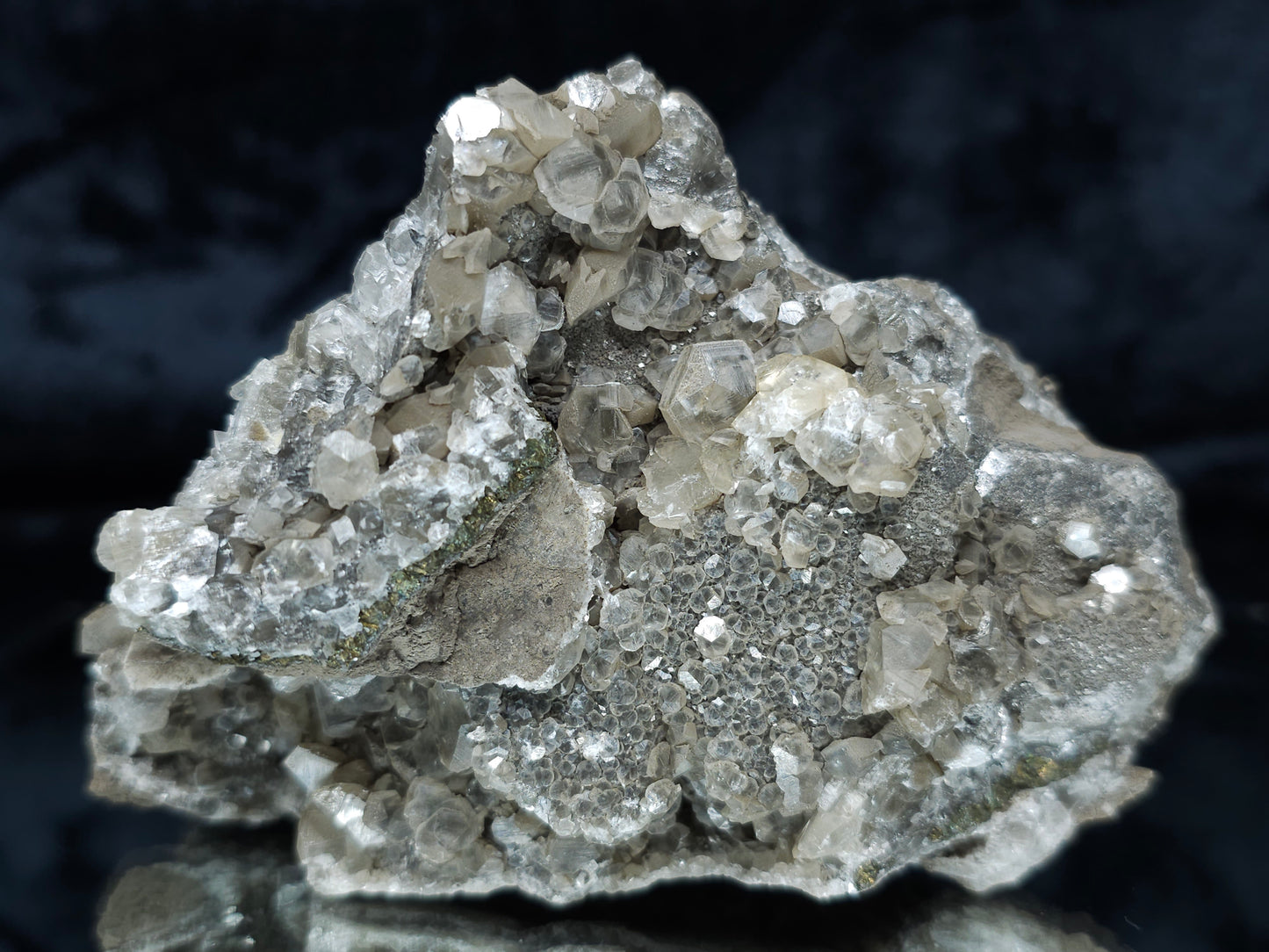 #34015  Double phantom Nailhead Spar Calcite cluster with Chalcopyrite ore and multiple small fossils in the matrix