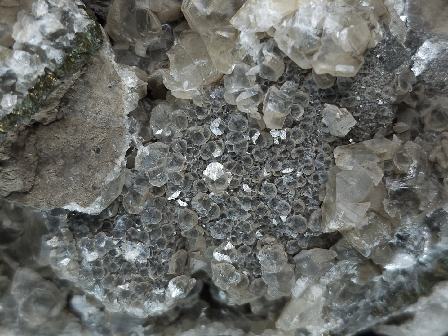#34015  Double phantom Nailhead Spar Calcite cluster with Chalcopyrite ore and multiple small fossils in the matrix