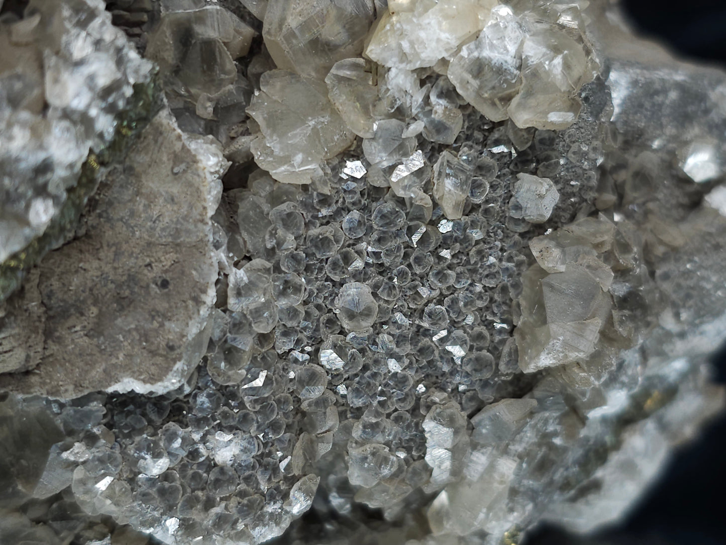 #34015  Double phantom Nailhead Spar Calcite cluster with Chalcopyrite ore and multiple small fossils in the matrix
