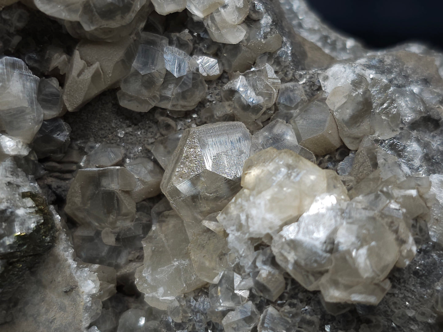 #34015  Double phantom Nailhead Spar Calcite cluster with Chalcopyrite ore and multiple small fossils in the matrix