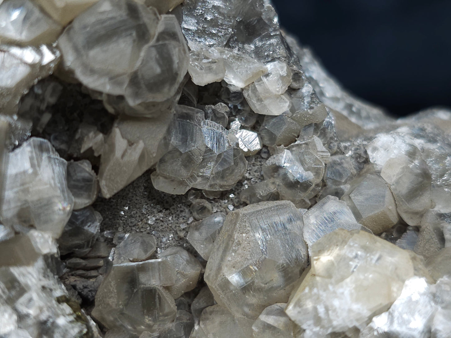 #34015  Double phantom Nailhead Spar Calcite cluster with Chalcopyrite ore and multiple small fossils in the matrix