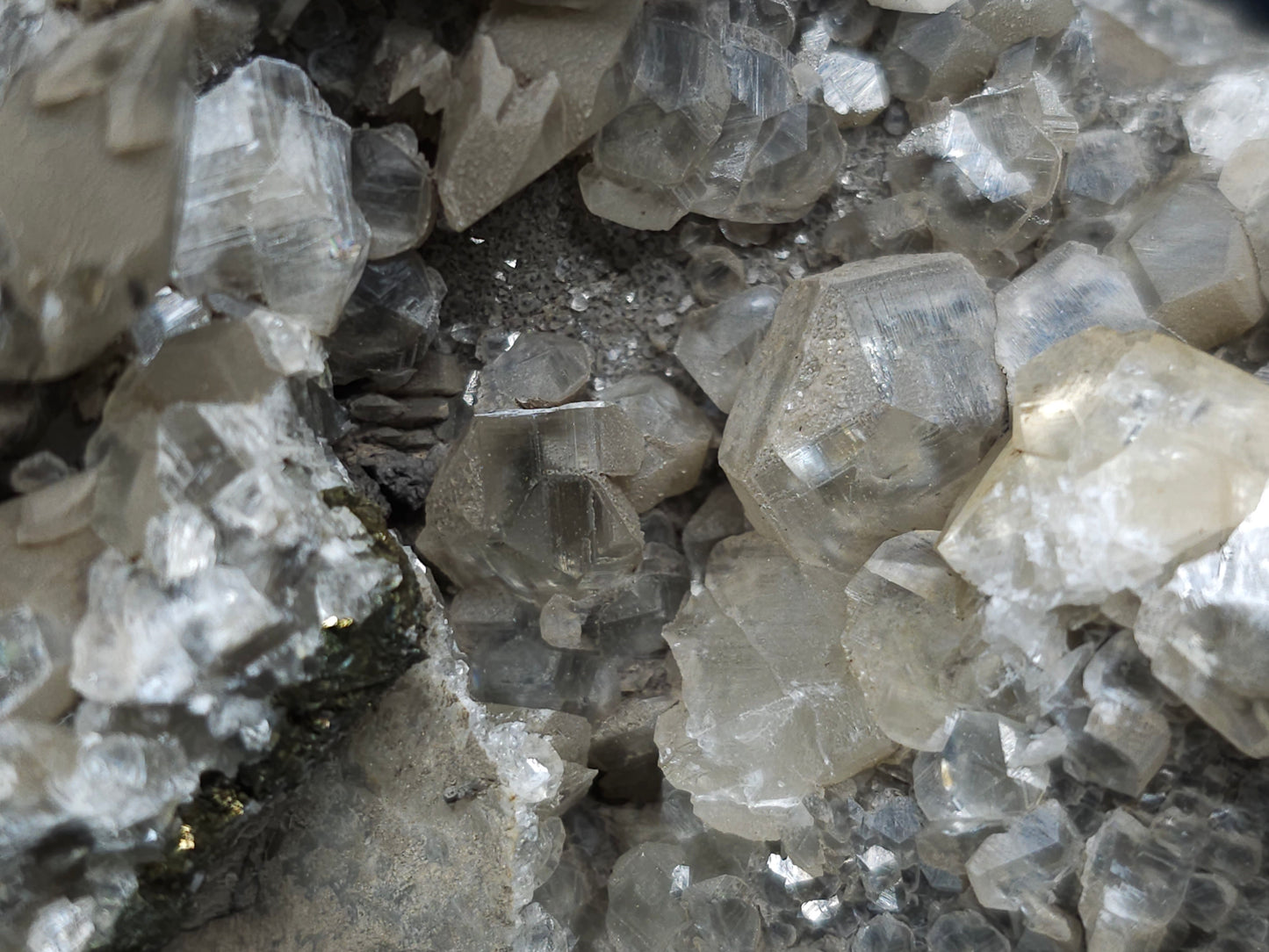 #34015  Double phantom Nailhead Spar Calcite cluster with Chalcopyrite ore and multiple small fossils in the matrix