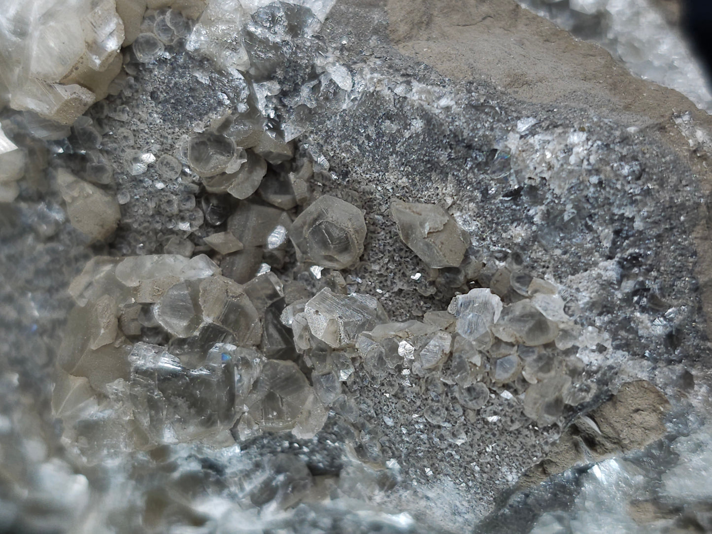 #34015  Double phantom Nailhead Spar Calcite cluster with Chalcopyrite ore and multiple small fossils in the matrix