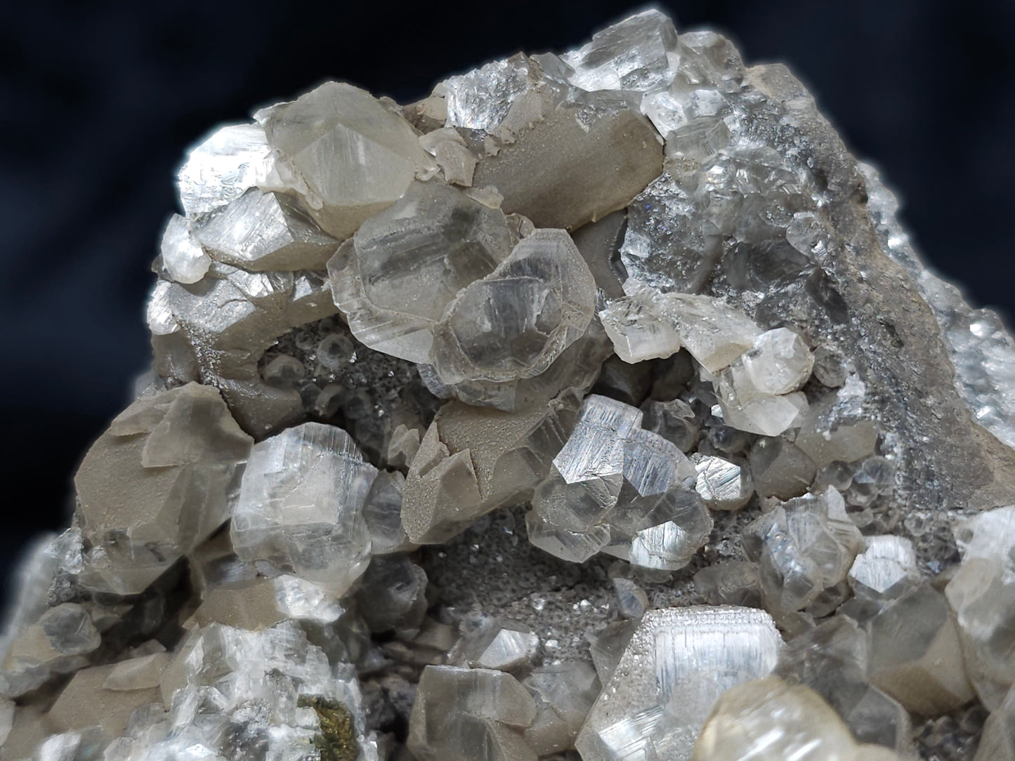 #34015  Double phantom Nailhead Spar Calcite cluster with Chalcopyrite ore and multiple small fossils in the matrix