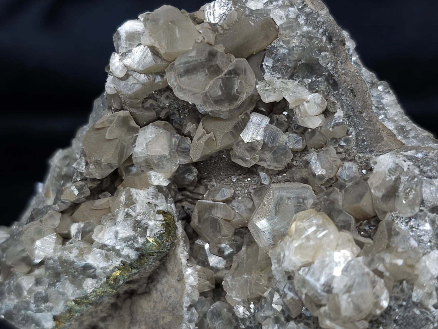 #34015  Double phantom Nailhead Spar Calcite cluster with Chalcopyrite ore and multiple small fossils in the matrix