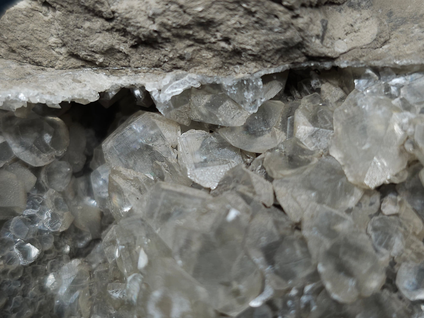 #34015  Double phantom Nailhead Spar Calcite cluster with Chalcopyrite ore and multiple small fossils in the matrix