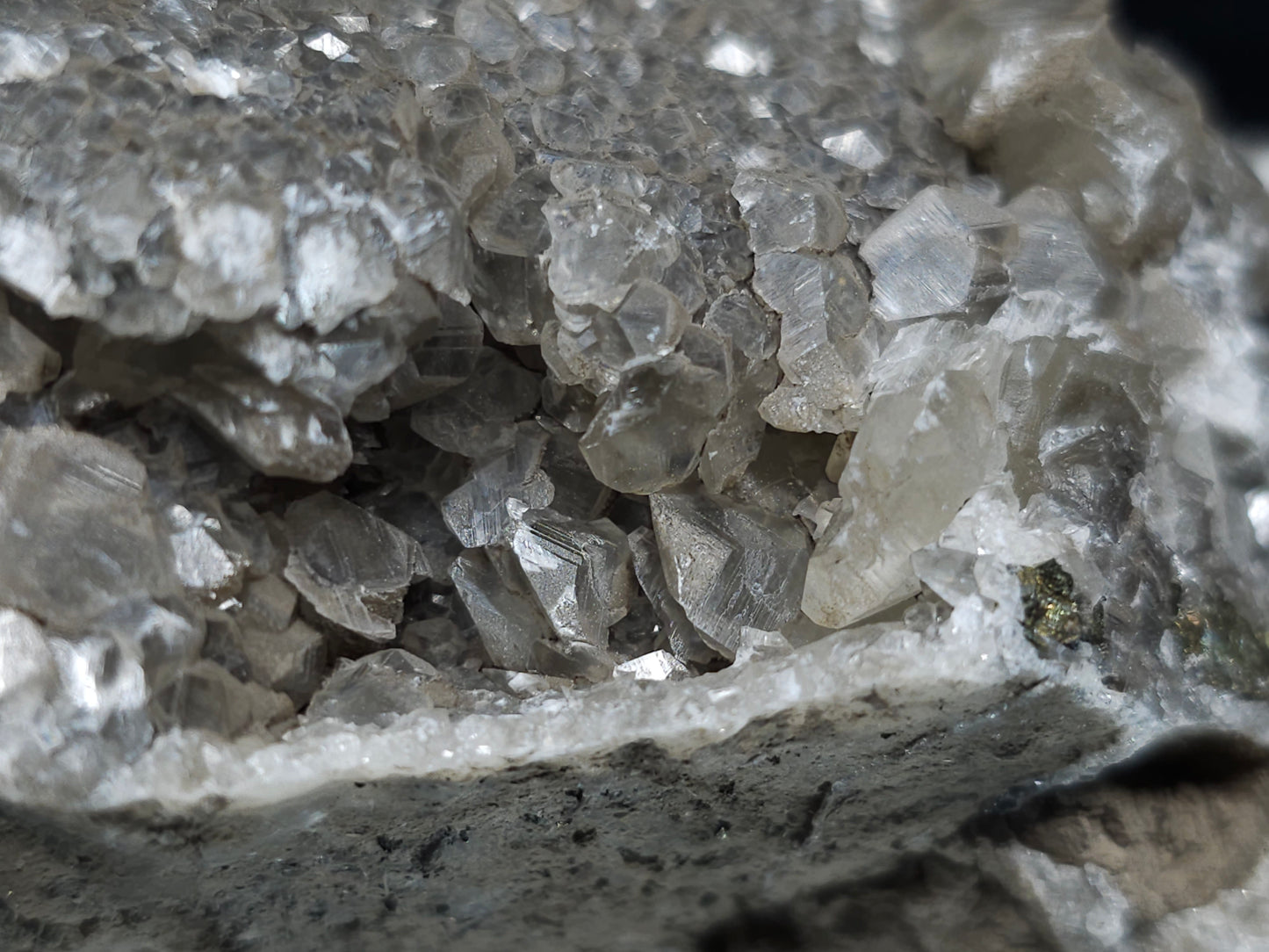#34015  Double phantom Nailhead Spar Calcite cluster with Chalcopyrite ore and multiple small fossils in the matrix