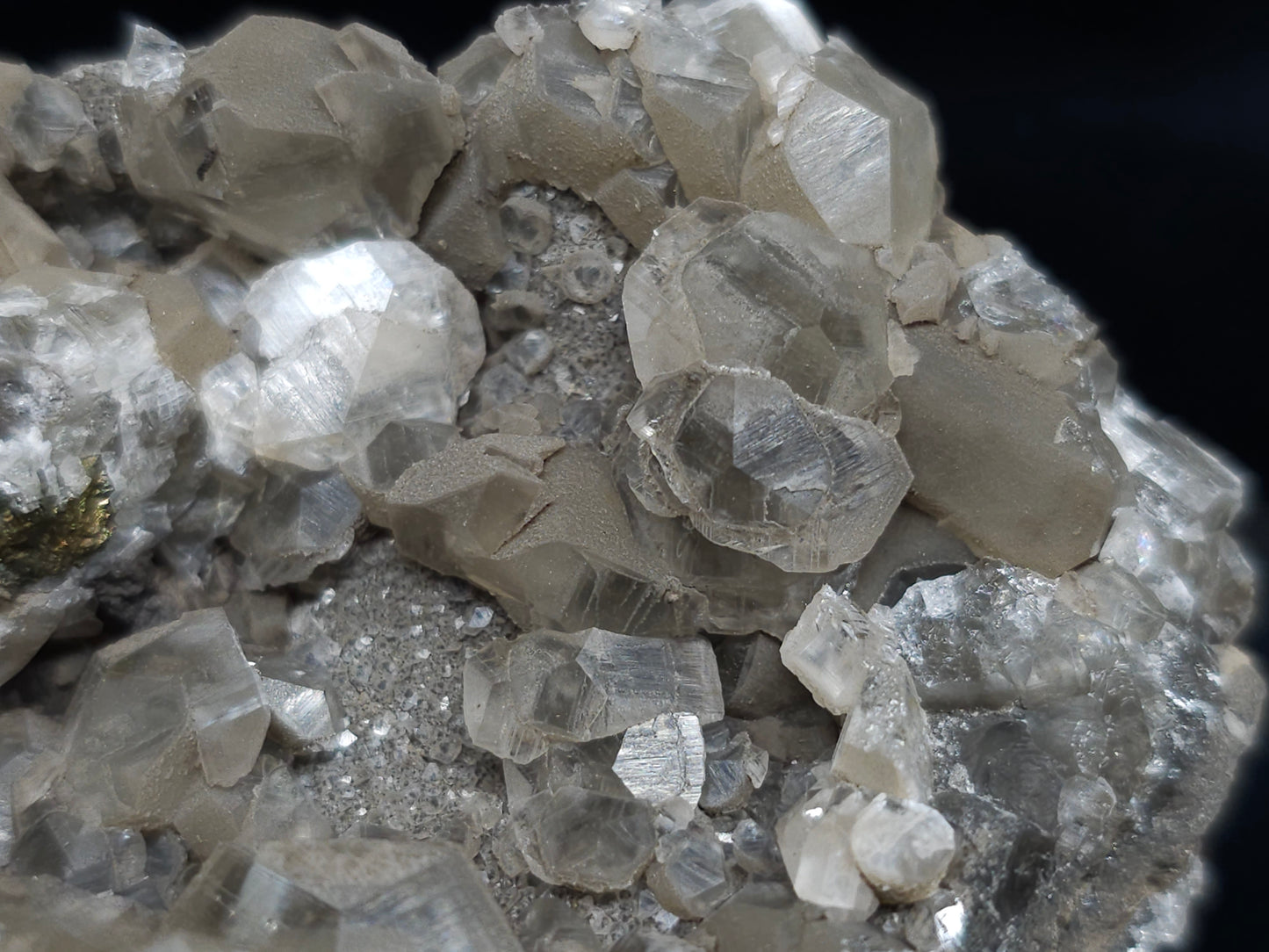 #34015  Double phantom Nailhead Spar Calcite cluster with Chalcopyrite ore and multiple small fossils in the matrix