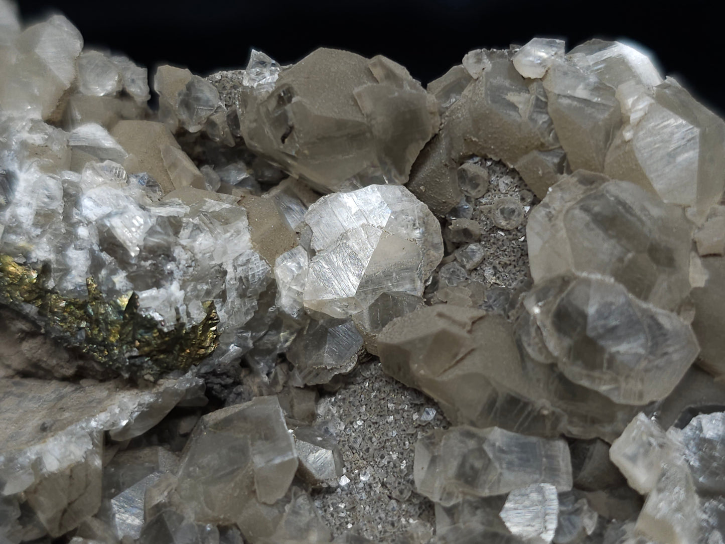 #34015  Double phantom Nailhead Spar Calcite cluster with Chalcopyrite ore and multiple small fossils in the matrix