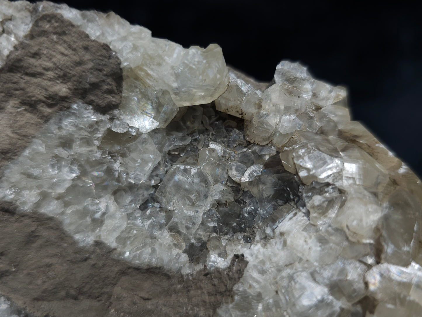 #34016 Super clear Nailhead Spar Calcite geode and  Chalcopyrite ore and multiple small fossils in the matrix