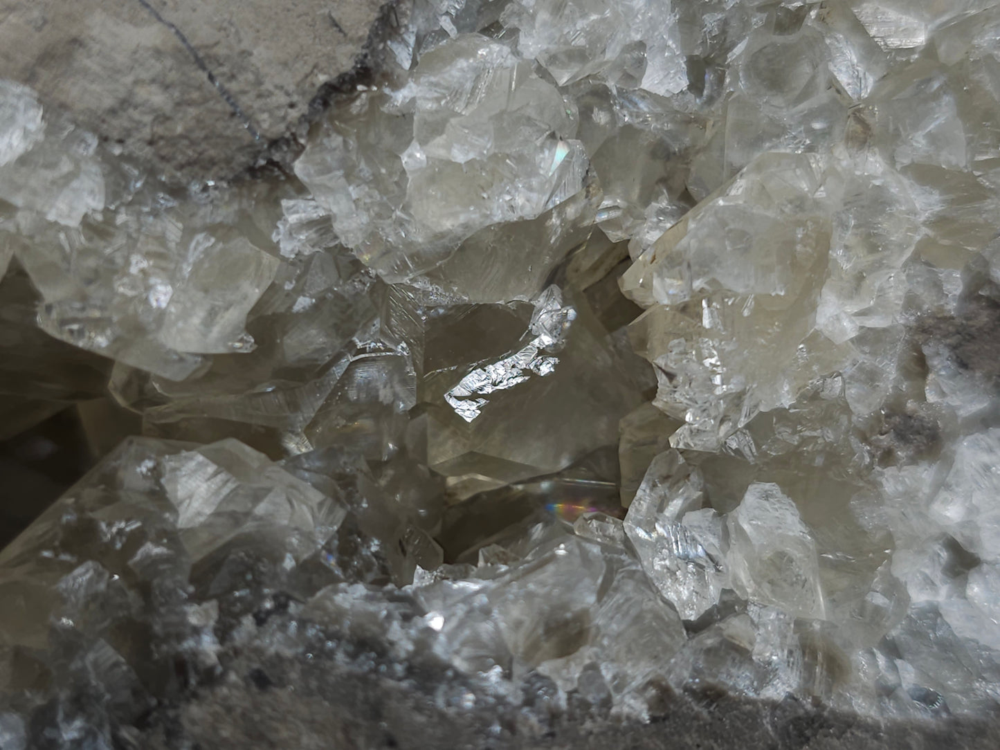 #34016 Super clear Nailhead Spar Calcite geode and  Chalcopyrite ore and multiple small fossils in the matrix