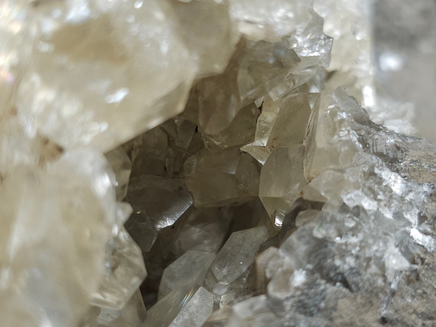 #34016 Super clear Nailhead Spar Calcite geode and  Chalcopyrite ore and multiple small fossils in the matrix