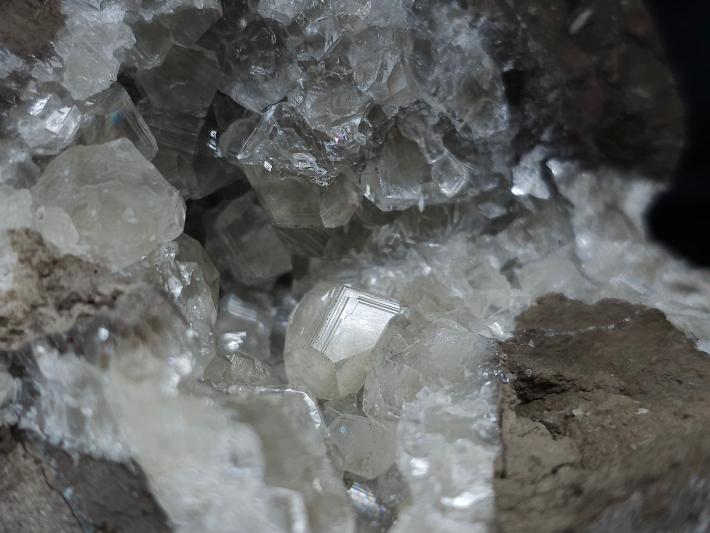 #34018 Super clear Nailhead Spar Calcite geode and Chalcopyrite ore and multiple small fossils in the matrix
