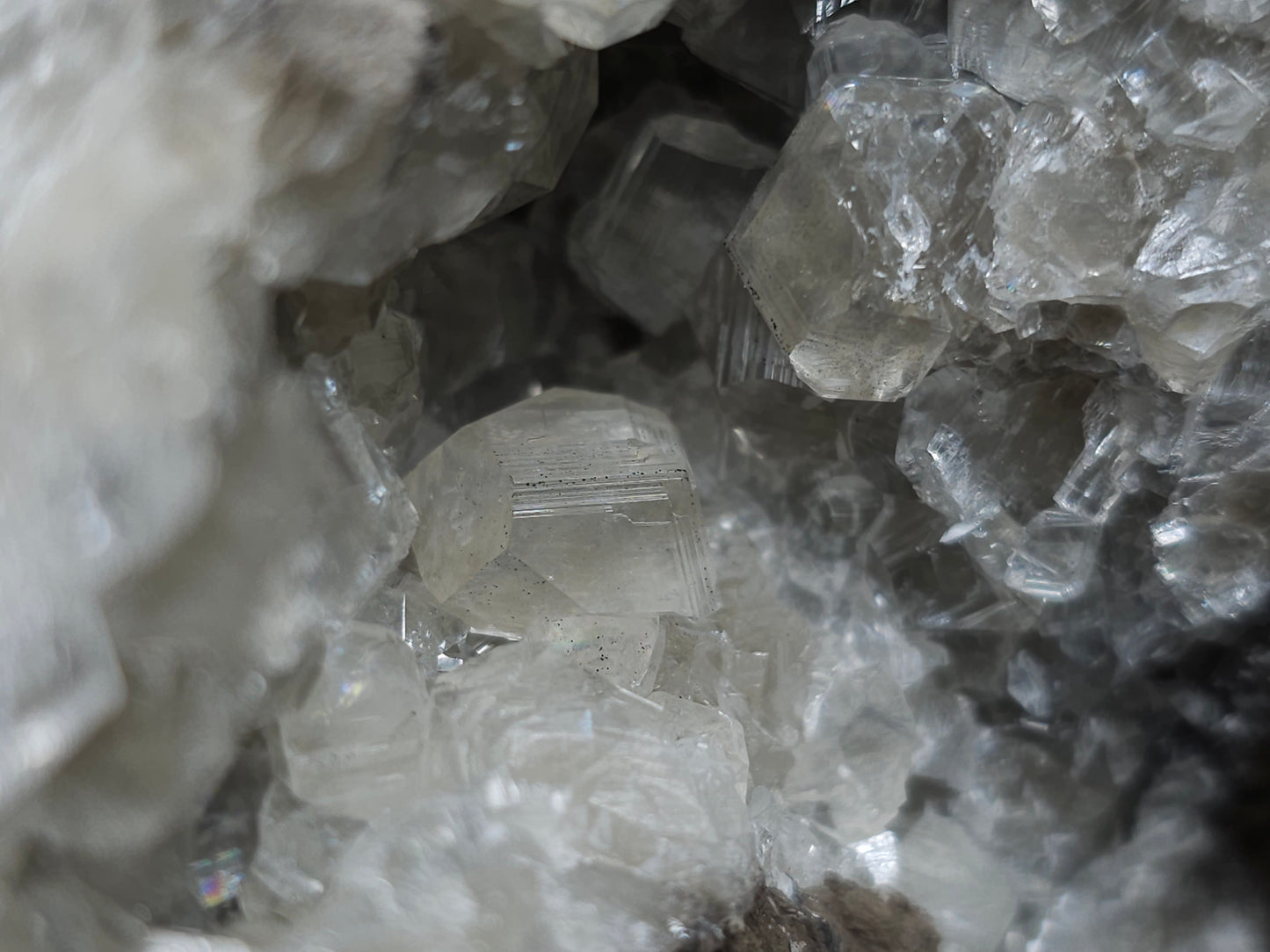 #34018 Super clear Nailhead Spar Calcite geode and Chalcopyrite ore and multiple small fossils in the matrix