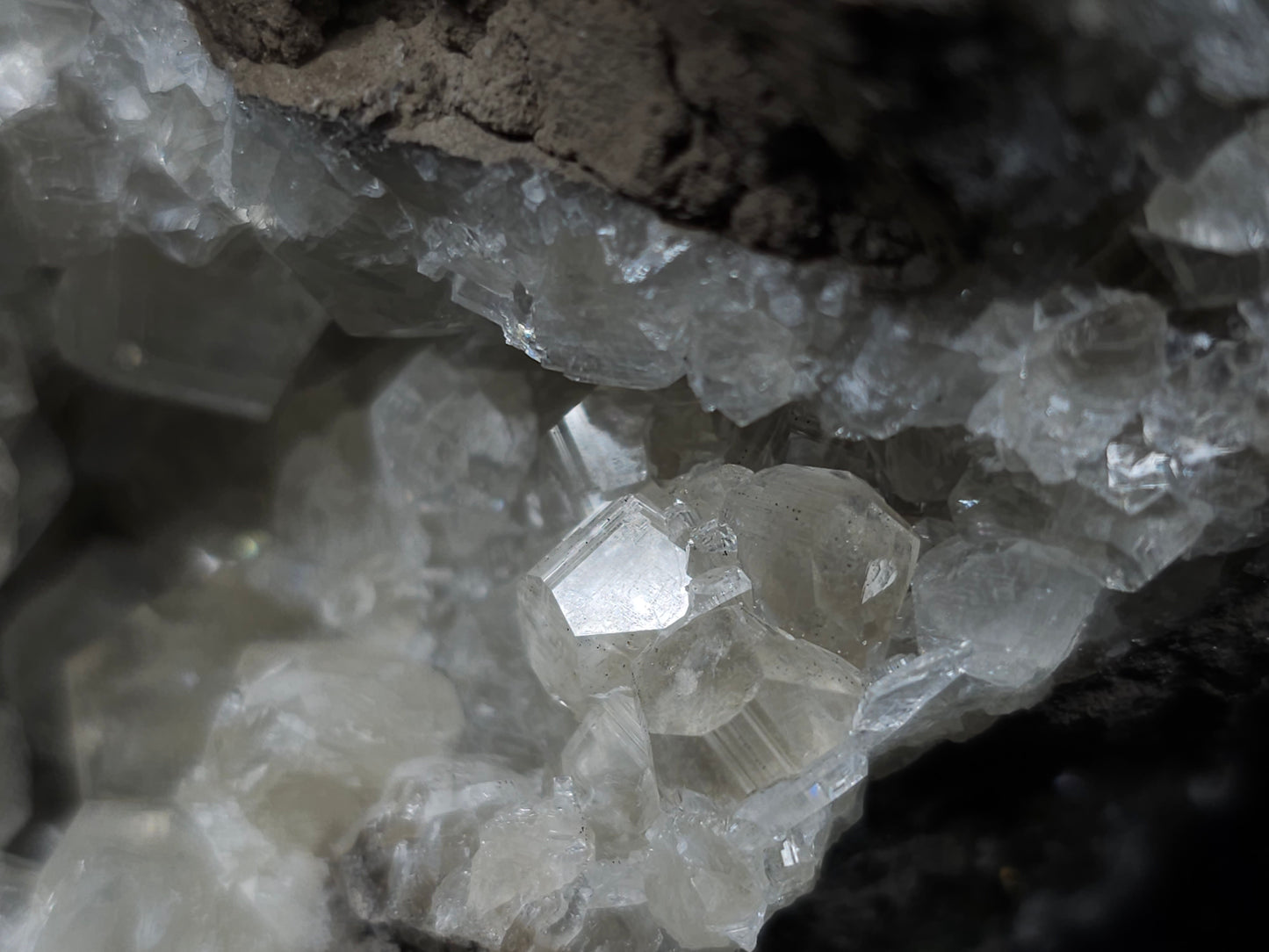 #34018 Super clear Nailhead Spar Calcite geode and Chalcopyrite ore and multiple small fossils in the matrix