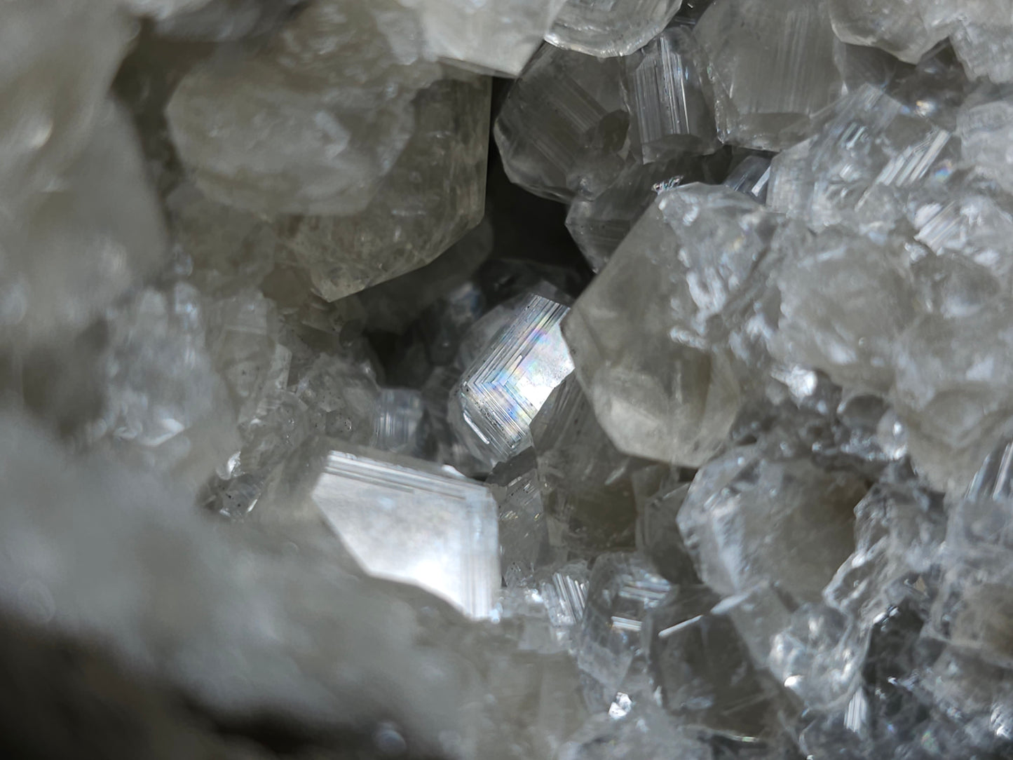#34018 Super clear Nailhead Spar Calcite geode and Chalcopyrite ore and multiple small fossils in the matrix