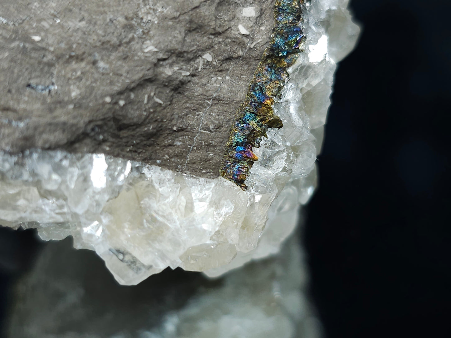 #34018-C Super clear Nailhead Spar Calcite cluster and  Chalcopyrite ore and multiple small fossils in the matrix