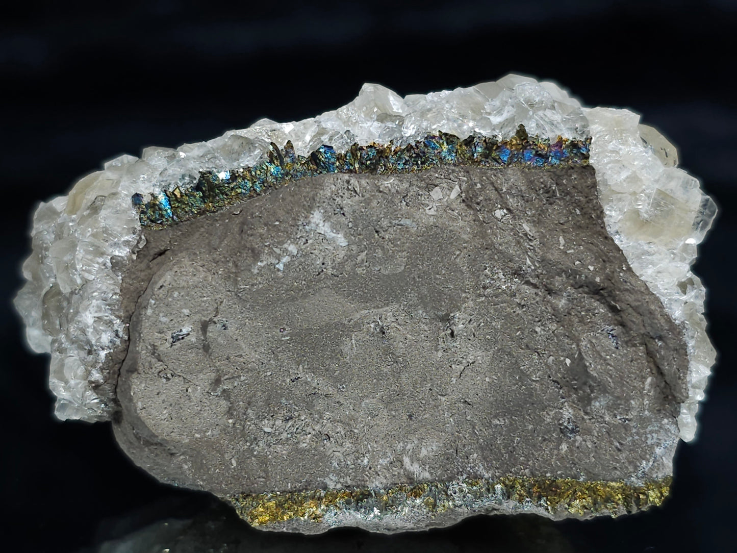 #34018-C Super clear Nailhead Spar Calcite cluster and  Chalcopyrite ore and multiple small fossils in the matrix