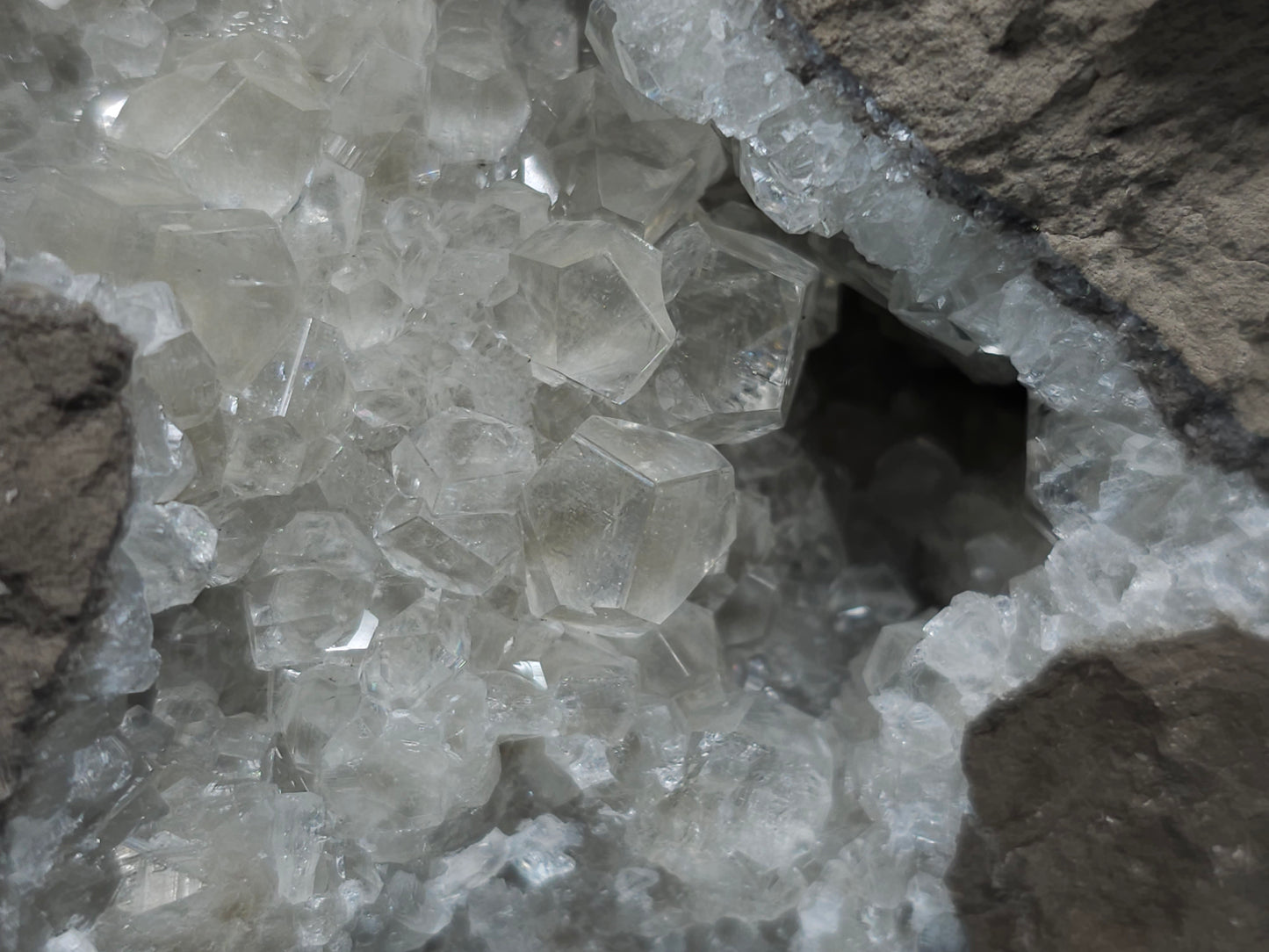 #34020 Super clear Nailhead Spar Calcite geode and Chalcopyrite ore and multiple small fossils in the matrix