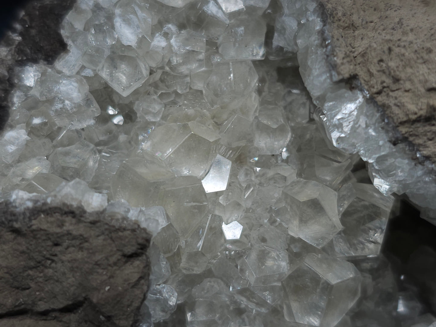 #34020 Super clear Nailhead Spar Calcite geode and Chalcopyrite ore and multiple small fossils in the matrix
