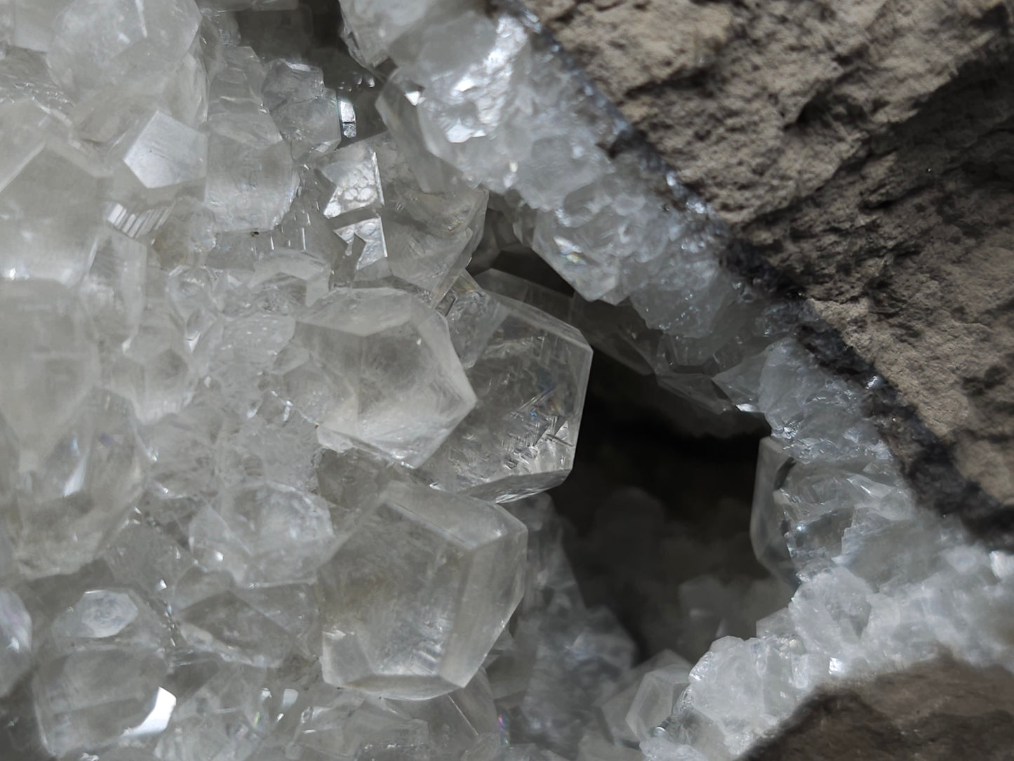 #34020 Super clear Nailhead Spar Calcite geode and Chalcopyrite ore and multiple small fossils in the matrix