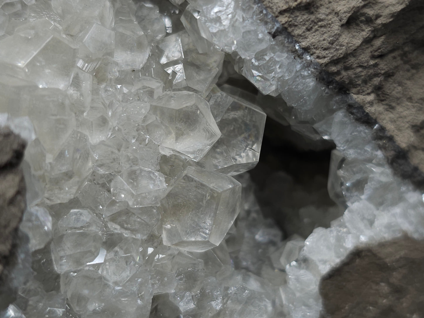 #34020 Super clear Nailhead Spar Calcite geode and Chalcopyrite ore and multiple small fossils in the matrix