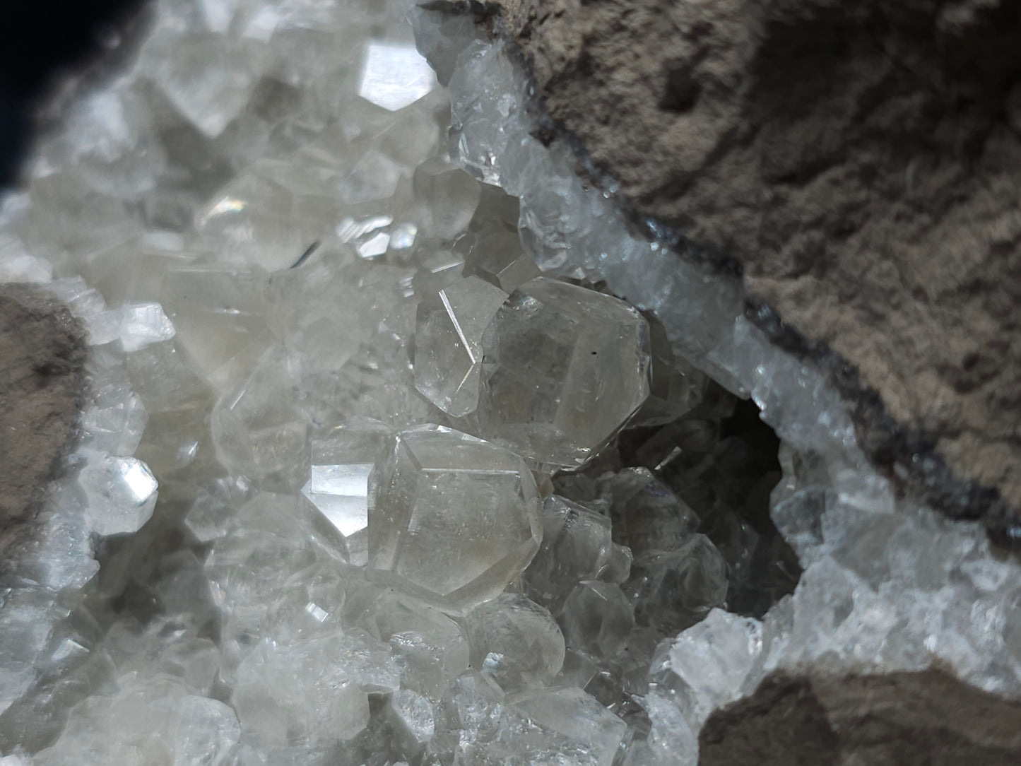 #34020 Super clear Nailhead Spar Calcite geode and Chalcopyrite ore and multiple small fossils in the matrix