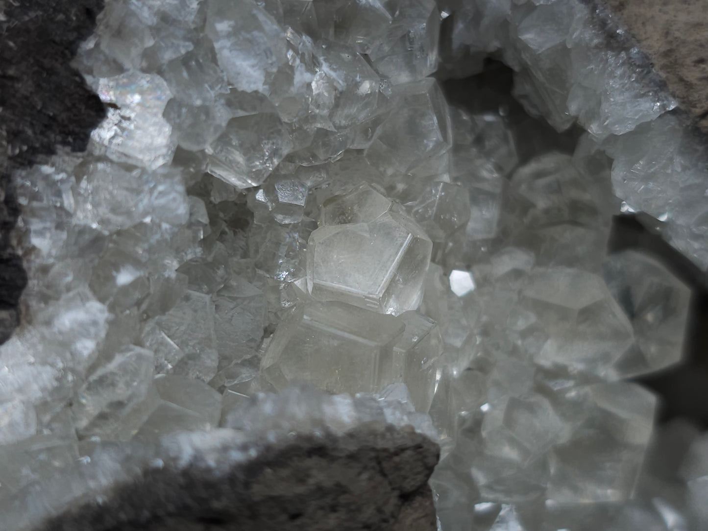 #34020 Super clear Nailhead Spar Calcite geode and Chalcopyrite ore and multiple small fossils in the matrix