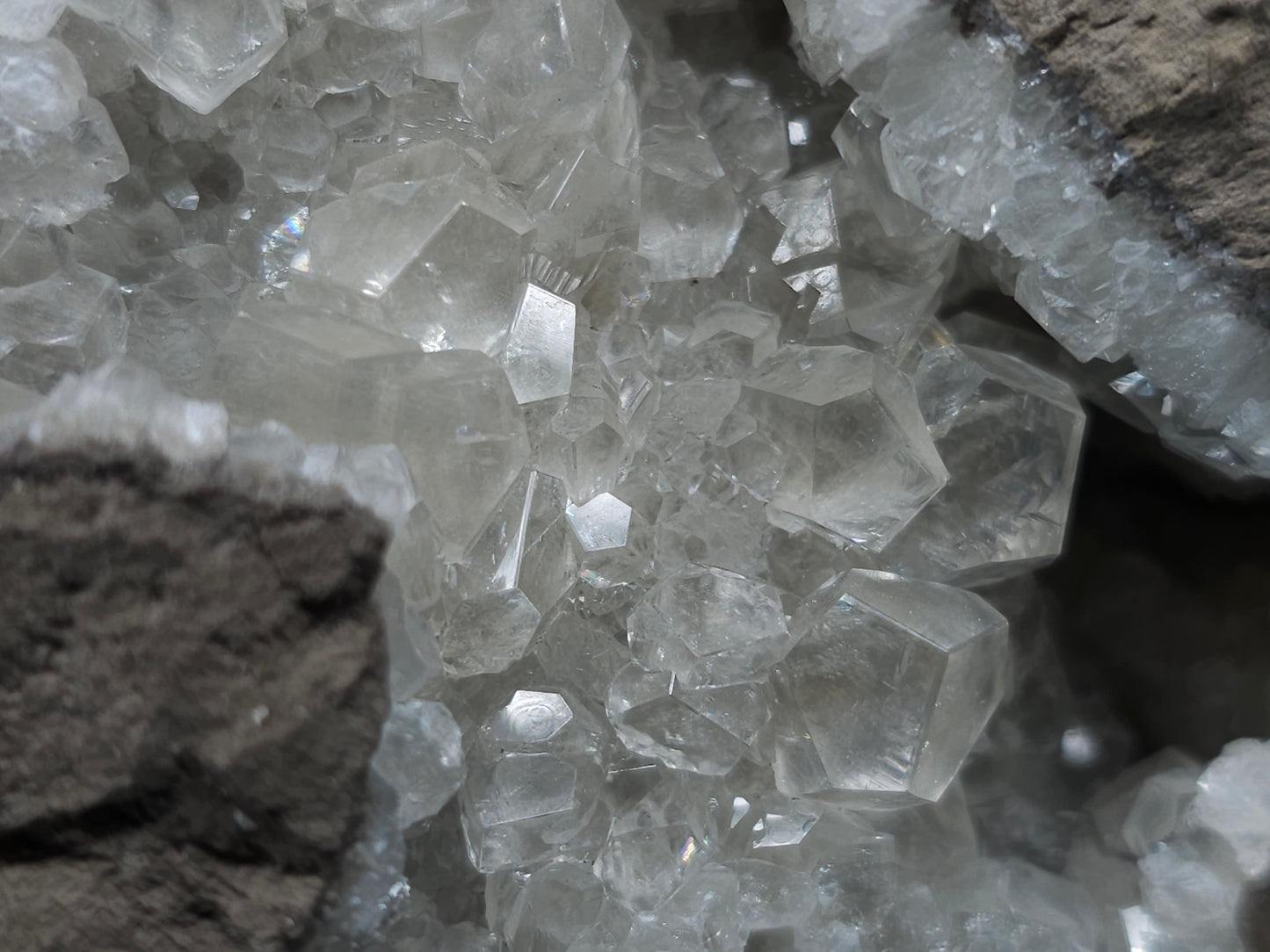 #34020 Super clear Nailhead Spar Calcite geode and Chalcopyrite ore and multiple small fossils in the matrix
