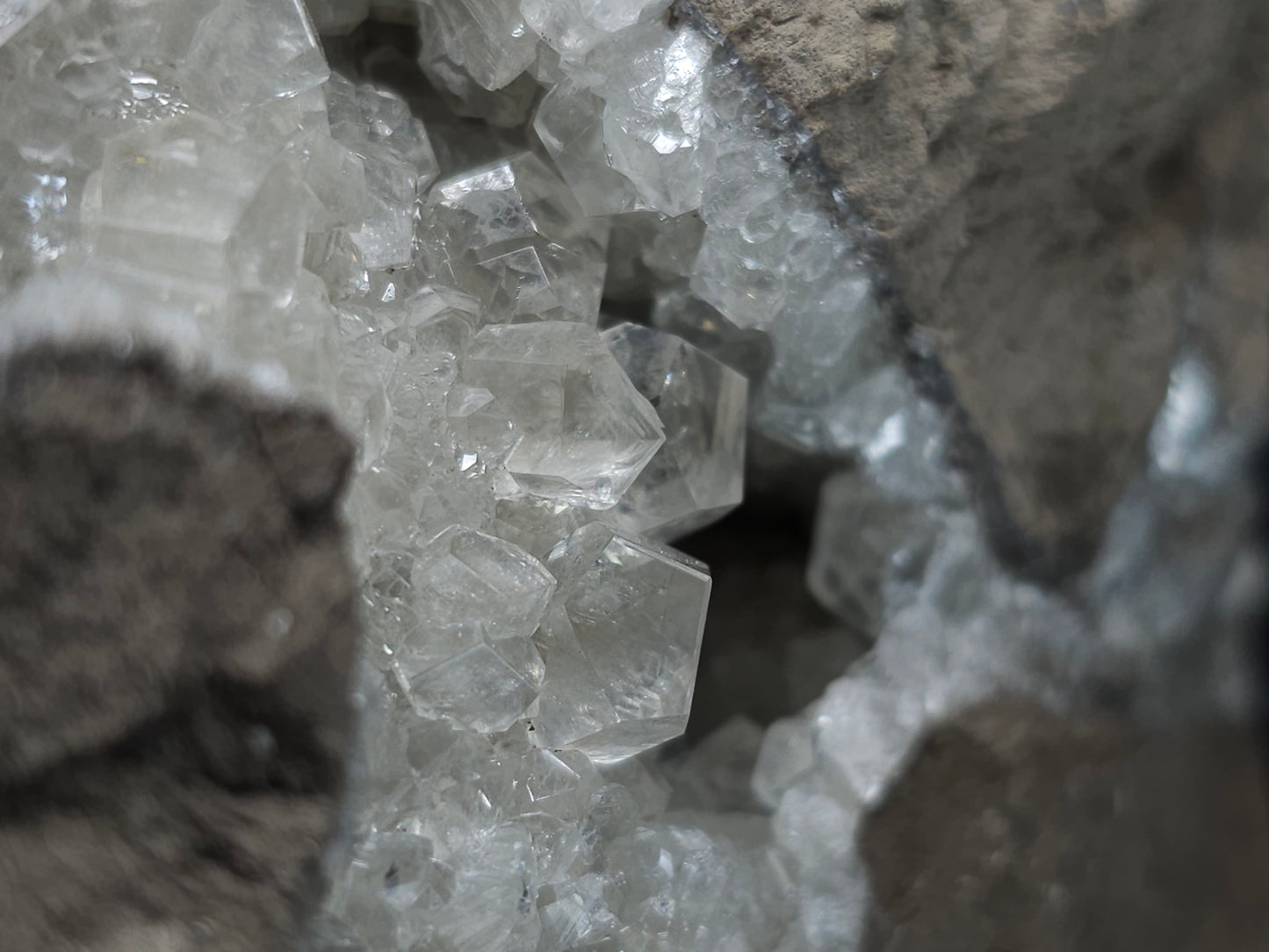 #34020 Super clear Nailhead Spar Calcite geode and Chalcopyrite ore and multiple small fossils in the matrix