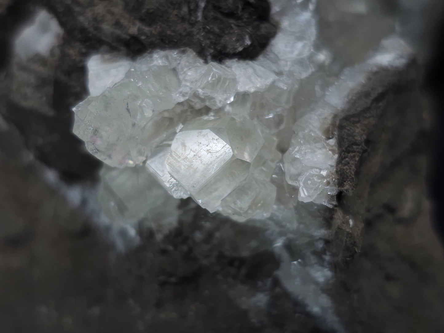 #34020 Super clear Nailhead Spar Calcite geode and Chalcopyrite ore and multiple small fossils in the matrix