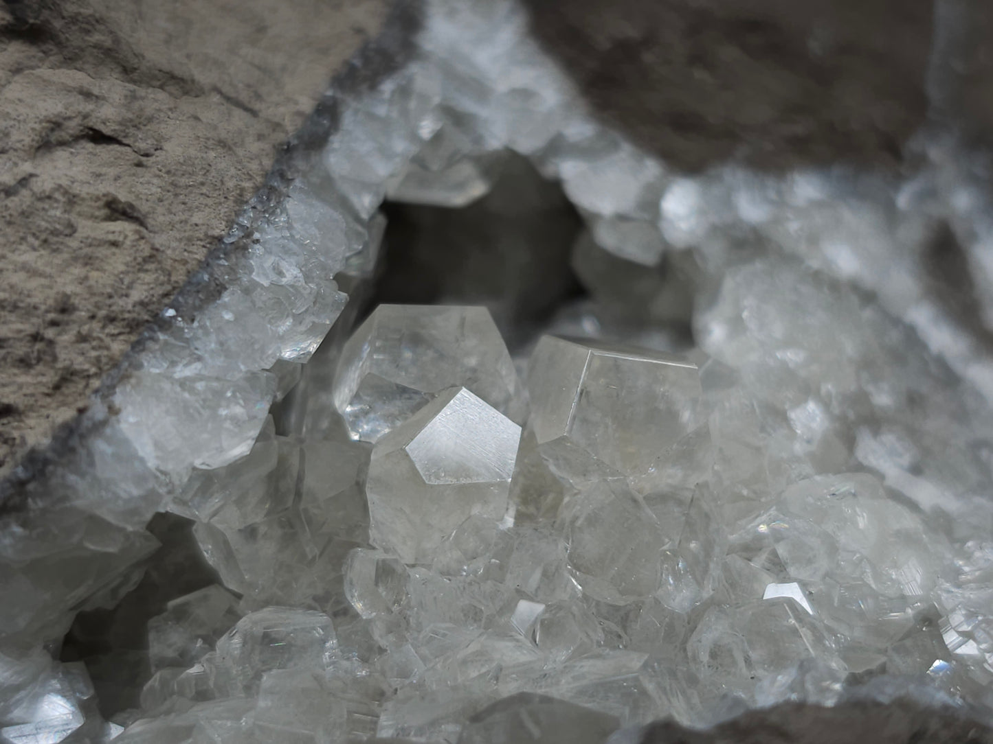 #34020 Super clear Nailhead Spar Calcite geode and Chalcopyrite ore and multiple small fossils in the matrix